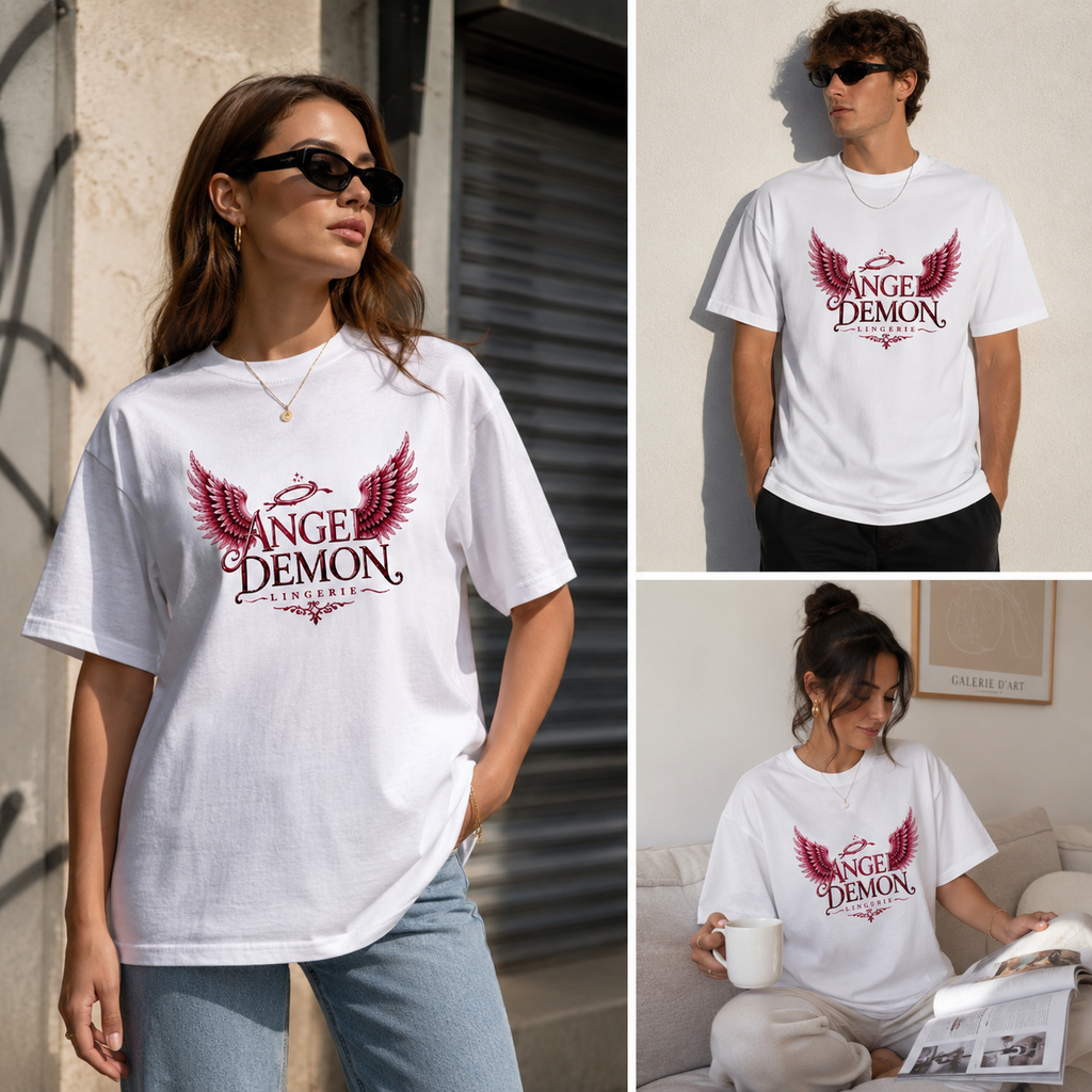 Collage of people wearing a white t-shirt with 'Angel Demon' design.